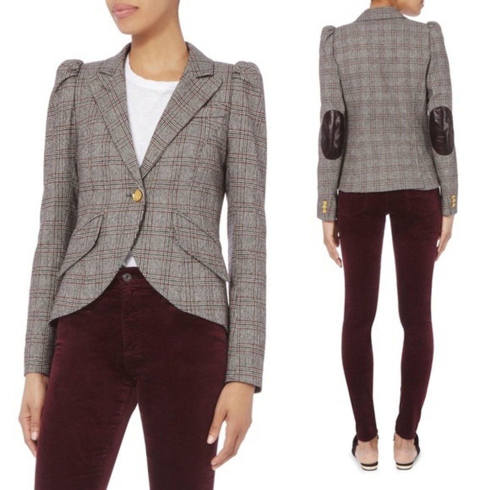 Smythe Glen Plaid Pouf Sleeve One Button Equestrian Wool Blazer Leather Patch 6
